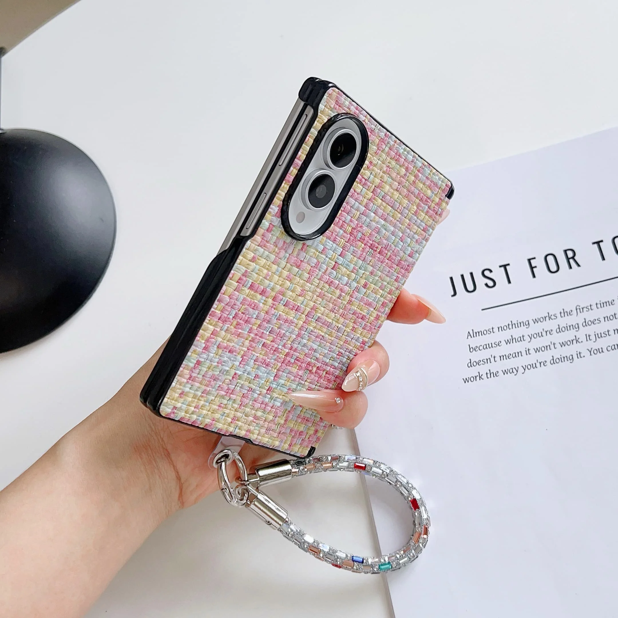 Luxury Woven Pattern Shockproof Case with Wrist Strap and Hinge Protection