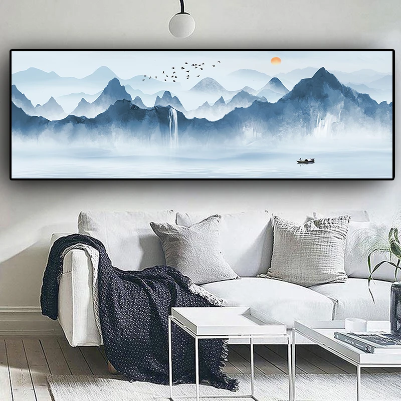 

Home Decor Landscape Canvas Painting Modern Posters and Prints Chinese Style Mountain Wall Art Blue Picture Art for Living Room
