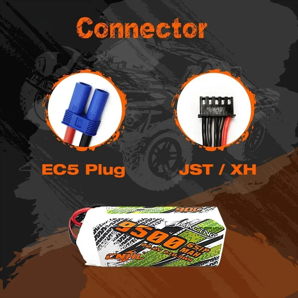 Vue de côté de la batterie drone 5200-9500mAh 90C avec étiquette et prises EC5/XT90/QS8.
