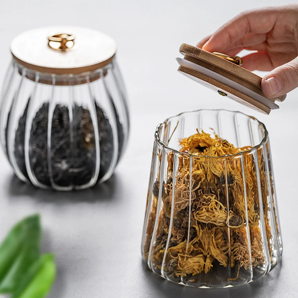Striped Glass Jars With Lids Spices Storage Container Transparent Sealed Tea Cans Cereals Dispenser Cookie Kitchen Accessories