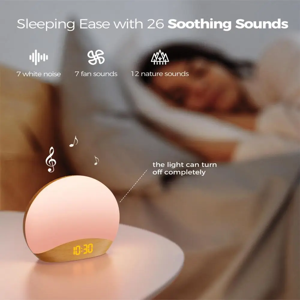 White Noise Machine Sunrise Wake Up Light Alarm Clock Dimmable Night Lamp 26 Soothing Sounds Sleep Sound Machine for Kids Adults