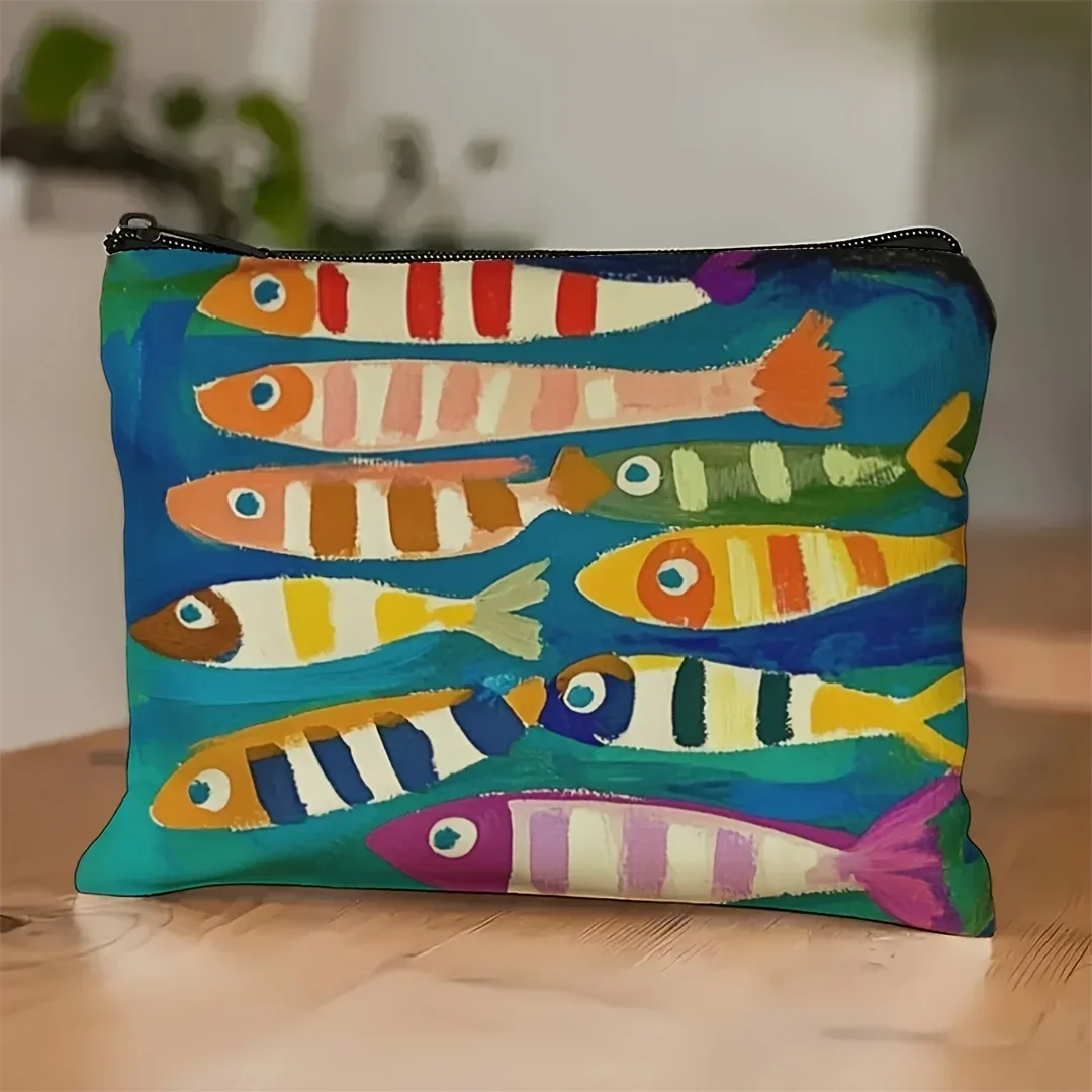 1pc Vintage Sardine Pattern Cosmetic Bag Travel Makeup Organizer for Toiletries & Brushes, Portable Unisex Design for Travel