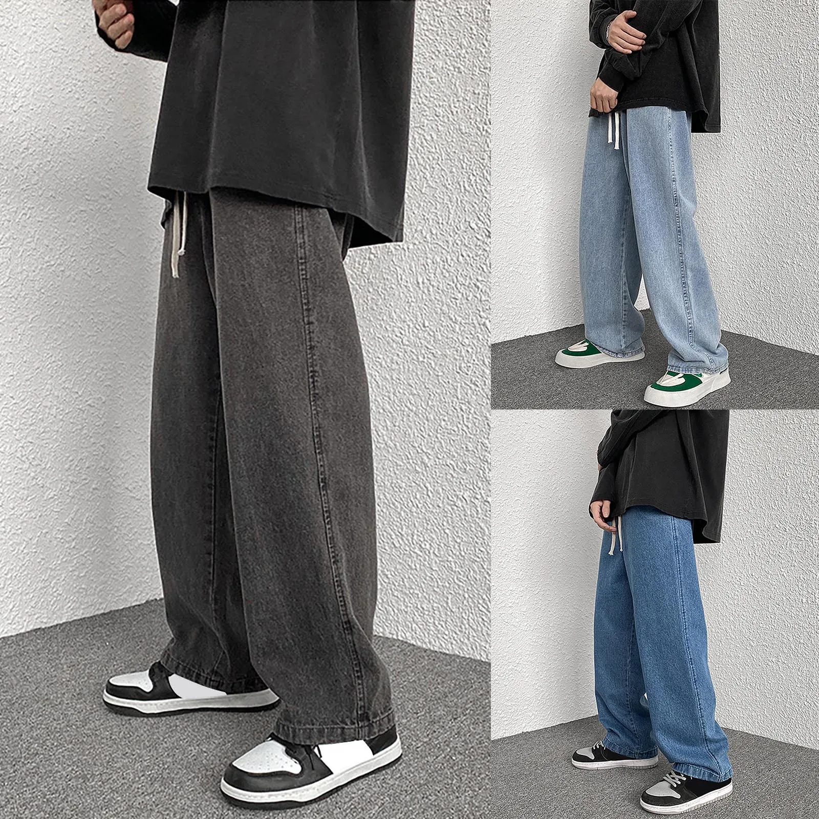 

Autumn And Winter Men's Large Size Loose Wide Leg Jeans Casual Versatile Drawstring Elastic Waist Solid Straight Denim Pants
