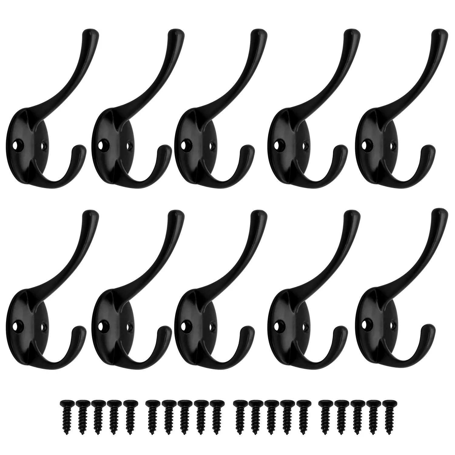 10 pcs Black Wall Clothes hook Wall Mounted Dual Coat hook Rack for Bathroom Kitchen Bedroom Hallway Wall Hooks Coat Screw