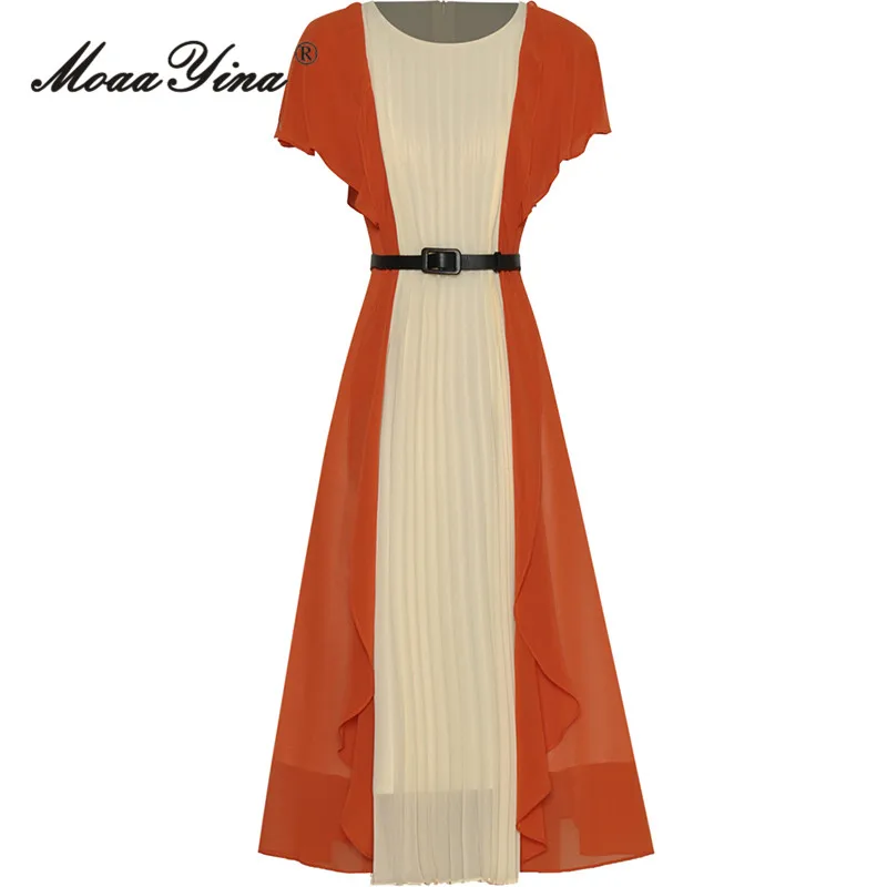 

MoaaYina Fashion Designer dress Summer Women Dress O-Neck Flounces Short Sleeve Belt Slim Patchwork Pleated Big Swing Dress