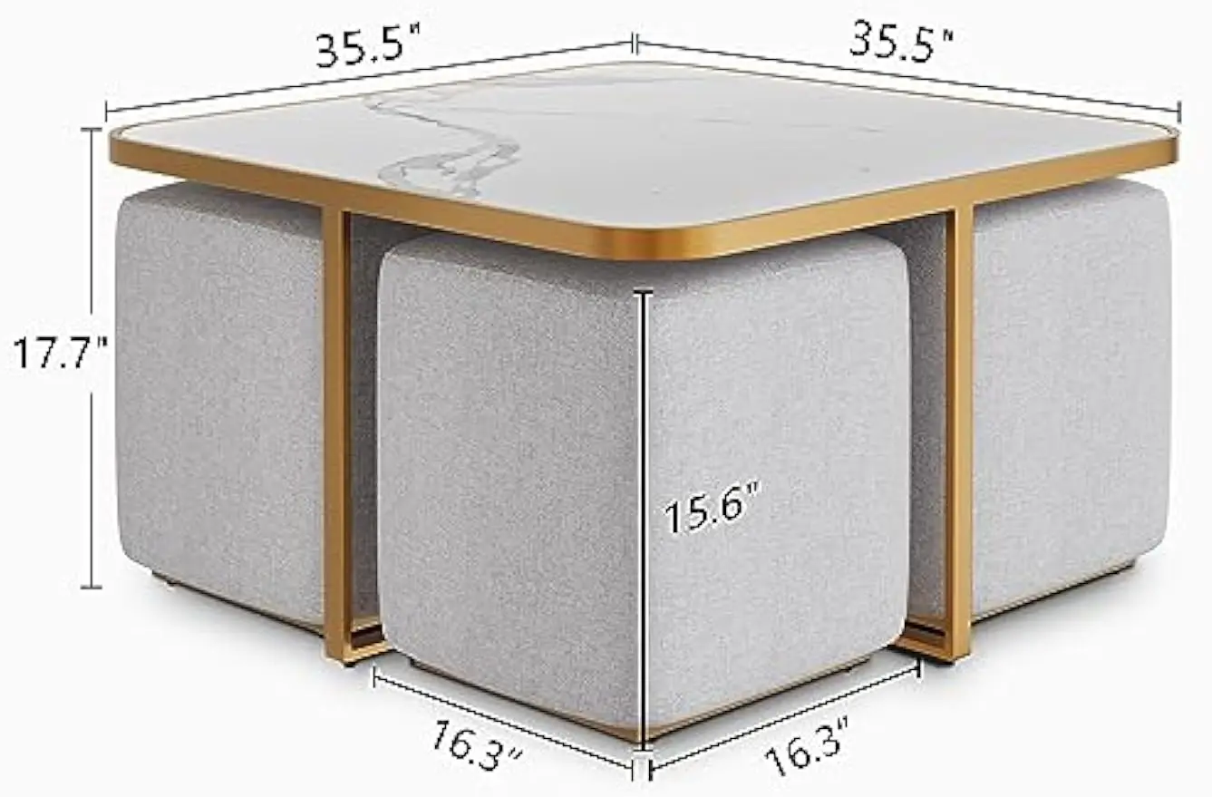Square Coffee Table with 4 Stools Set Underneath Gold Metal Legs 2