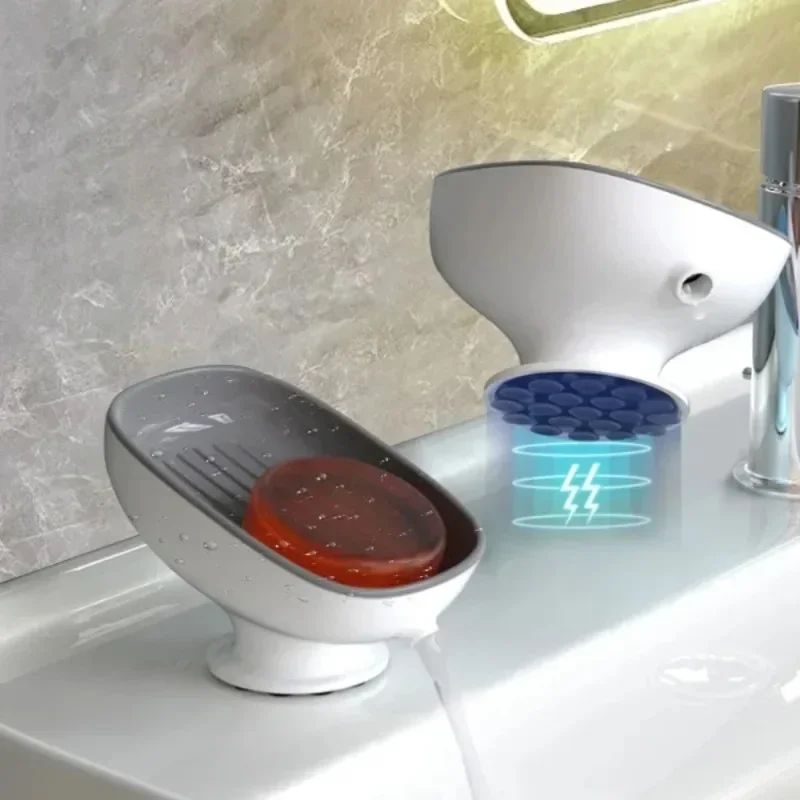 1pc Bathroom Washbasin Shelf  Soap Box Household Non Perforated Double-layer Drain Suction Cup Non Slip Oval Soap Holder