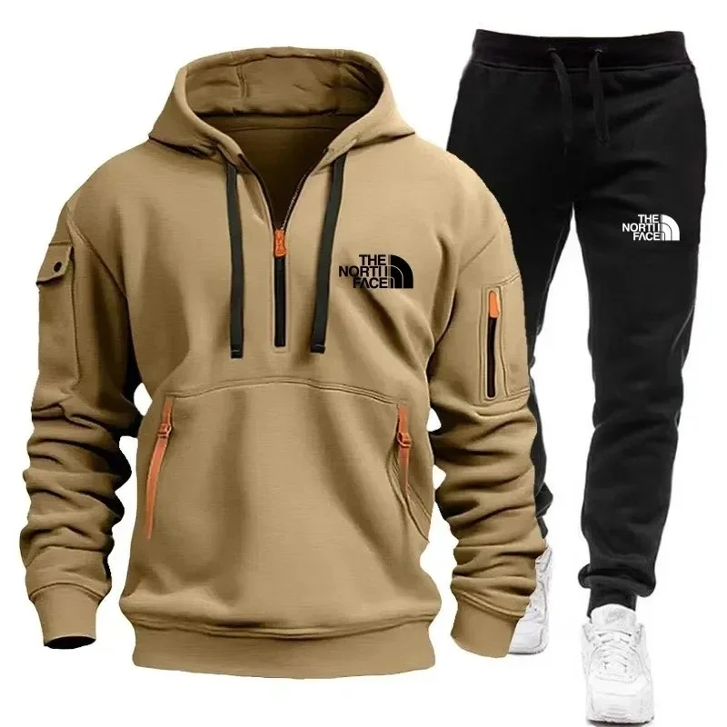 New 2025 autumn/winter men's hooded sweatshirt sport set, outdoor thickened zipper men's pullover + long pants 2-piece set