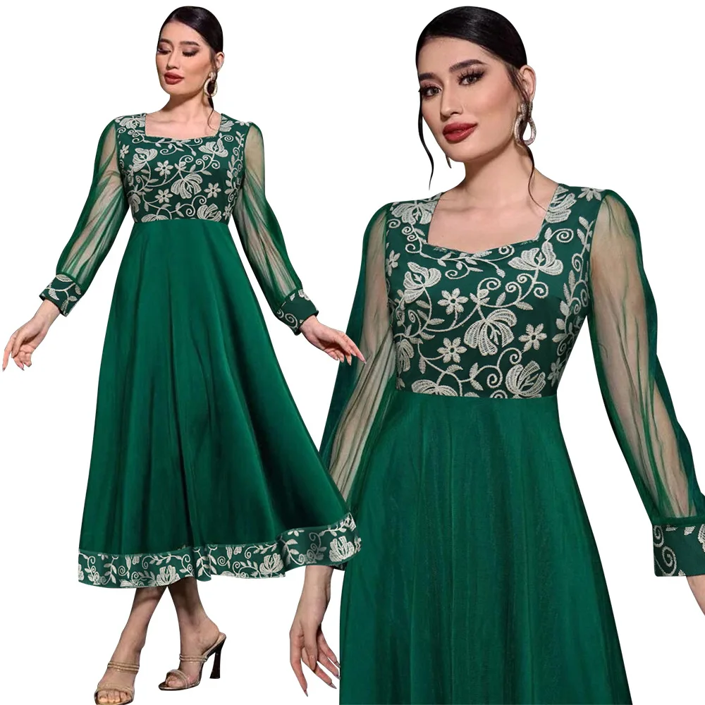 Kaftan Robe Dress Arabic Fashion Embroidered Mesh Sleeves Abaya A-line Dress Green Office Lady Dress Abaya Women Clothing