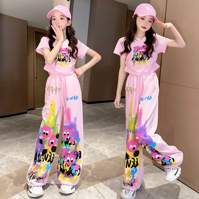 

Cute Pink Cartoon T-Shirt Suit For Baby Girls Clothes Set Fashion Kids Straight Pants Teenage Rainbow Outfits In Summer 7T