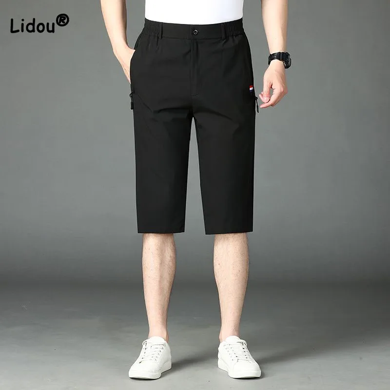Male Clothes Fashion Casual Solid Color Quick Dry Capri Pants Summer Trend Simplicity Zipper High Waist Men's All-match Pants