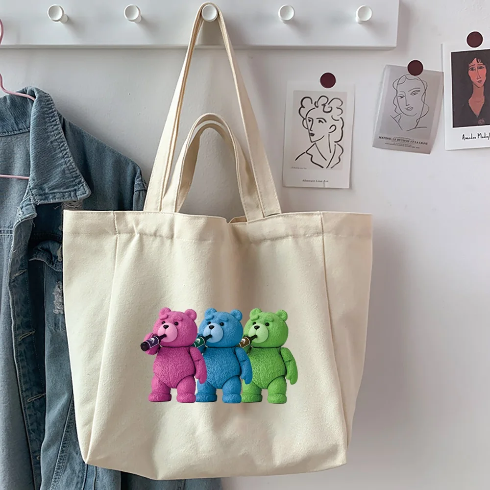 Foldable Shopping Bags Totes Ladies Canvas Shoulder Bags Bear Pattern Printed Student Shopper Bags Travel Work Handbag  Pouch