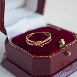 Elegant Artistic Dense Inlaid Zircon Knot Double Layer Ring For Women 925 Sterling Silver Creative High-Grade Rose Gold Jewelry