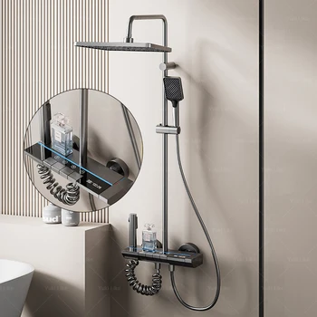 Set sistema doccia grigio Doccia con pulsanti multifunzione per uso domestico Effetto luce intelligente Chiave per pianoforte Set doccia multitaspout per vasca da bagno 1