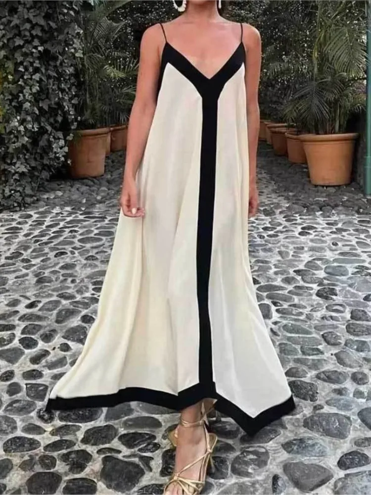 

Elegant Suspender Maxi Dress Women Summer Sexy Sling Beach Dresses Backless V-neck Contrast Color Vacation Evening Vestidos