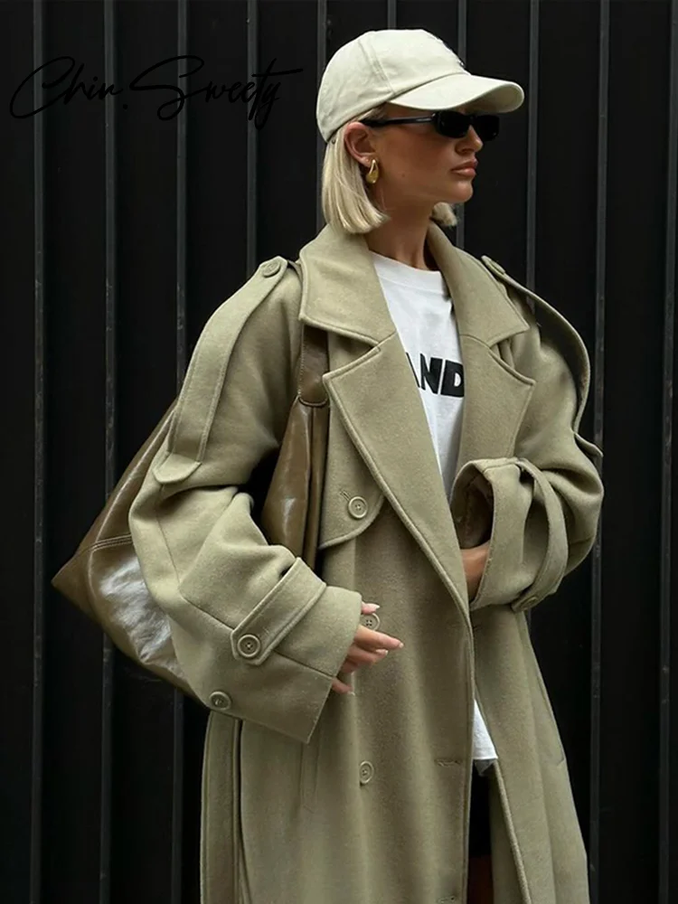 Casual Long Women Coat Urban Full Sleeve Double Breasted Belt Pocket Female Jacket 2024 Autumn Winter Elegant Lady Overcoat 5