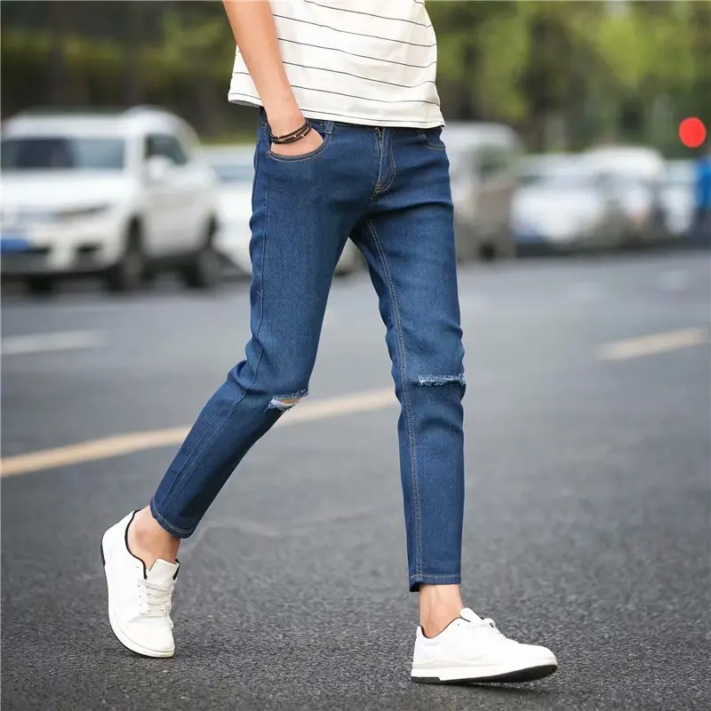 Summer 2022 Fashion Brand Dark Blue Men's New Ripped Jeans Feet Korean Trendy Youth Cut Hole Casual Pencil Pants
