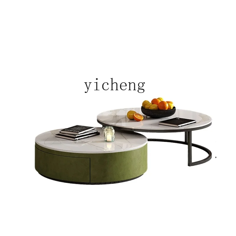 

Tqh Bright Light Stone Plate Coffee Table TV Cabinet Combination Vintage Cream Style Living Room Home round Tea Table
