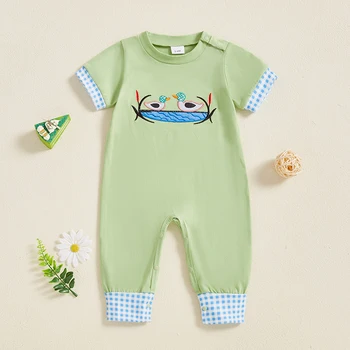 Infant Unisex Bodysuits with Cute Bear Print Short Sleeve Round Neck Rompers Baby Sleepwear Pajamas for Newborns 2