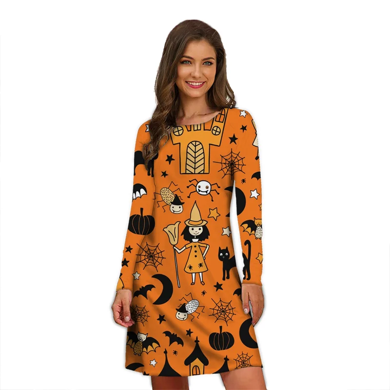 knee length dresses for ladies Halloween Womens Short Sleeve Swing Lace Dress Party Pumpkin Bat Vintage Costume Pumpkin Castle Orange M Small main image 1