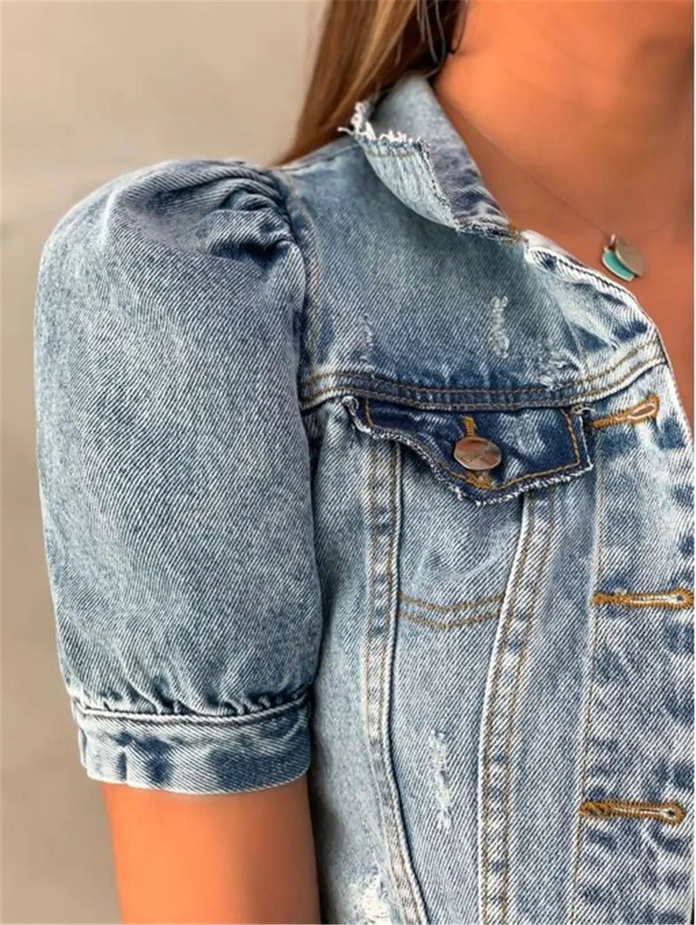 Women Crop Denim Jacket Fashion Vintage Retro Holes Puff Short Sleeve Pockets Coat Top Female Casual Short Clothes Streetwear