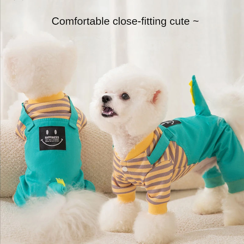 

Puppy Warm Striped Dinosaur Overalls Autumn and Winter Kitten Thin Four-legged Clothing Medium and Small Dog Pet Clothing 강아지옷