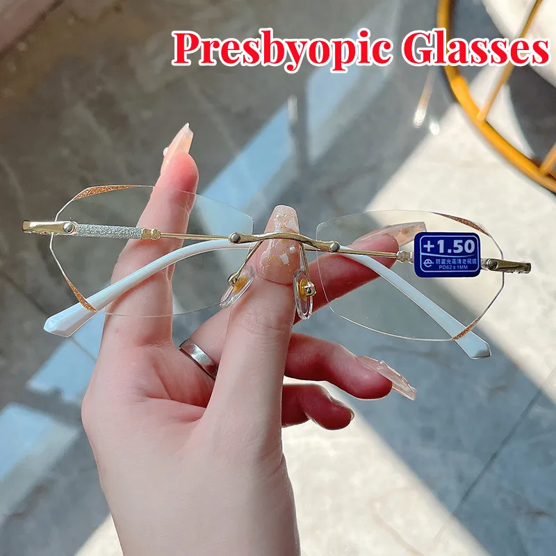

NEW Design Rimless Diamond Presbyopic Glasses Fashion Luxury Women Reading Glasses Computer Anti Blue Light Eyewear with Diopter