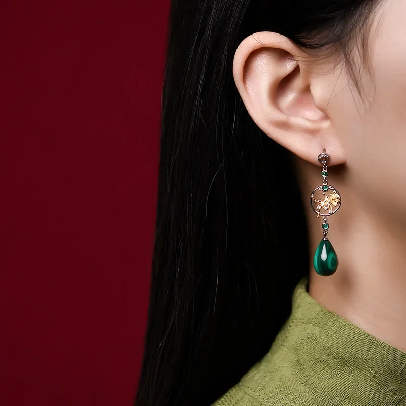 Chinese Style Vintage 925 Silver Hollow Flower Long Droplet Peacock Stone Earrings for Women Classic Quality Temperament Jewelry