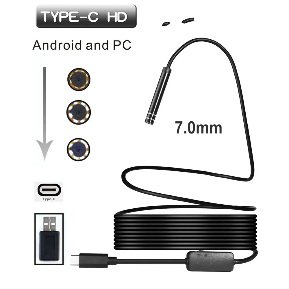 

7MM 1/3/5Meters USB TYPE-C Inspection Endoscope Camera 6LED HD for S8 LG G5/G6/V20 Pixel P9/P10 Oneplus 2/3/3T Android Phone