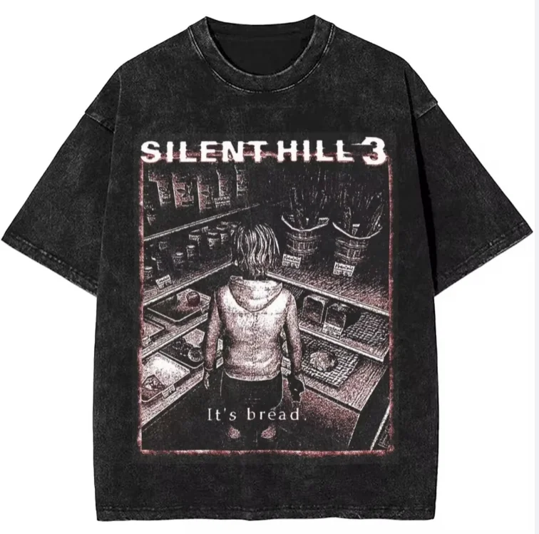 It's Bread Silent Hill pattern front print, vintage washed cotton men's T-shirt, short sleeved top streetwear
