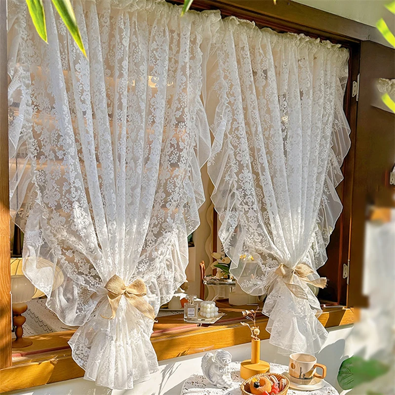 

White Lace Curtain French Romantic Ruffled Gauze Curtain for Livingroom Retro Court Style Partition Cafe Decorative Curtain