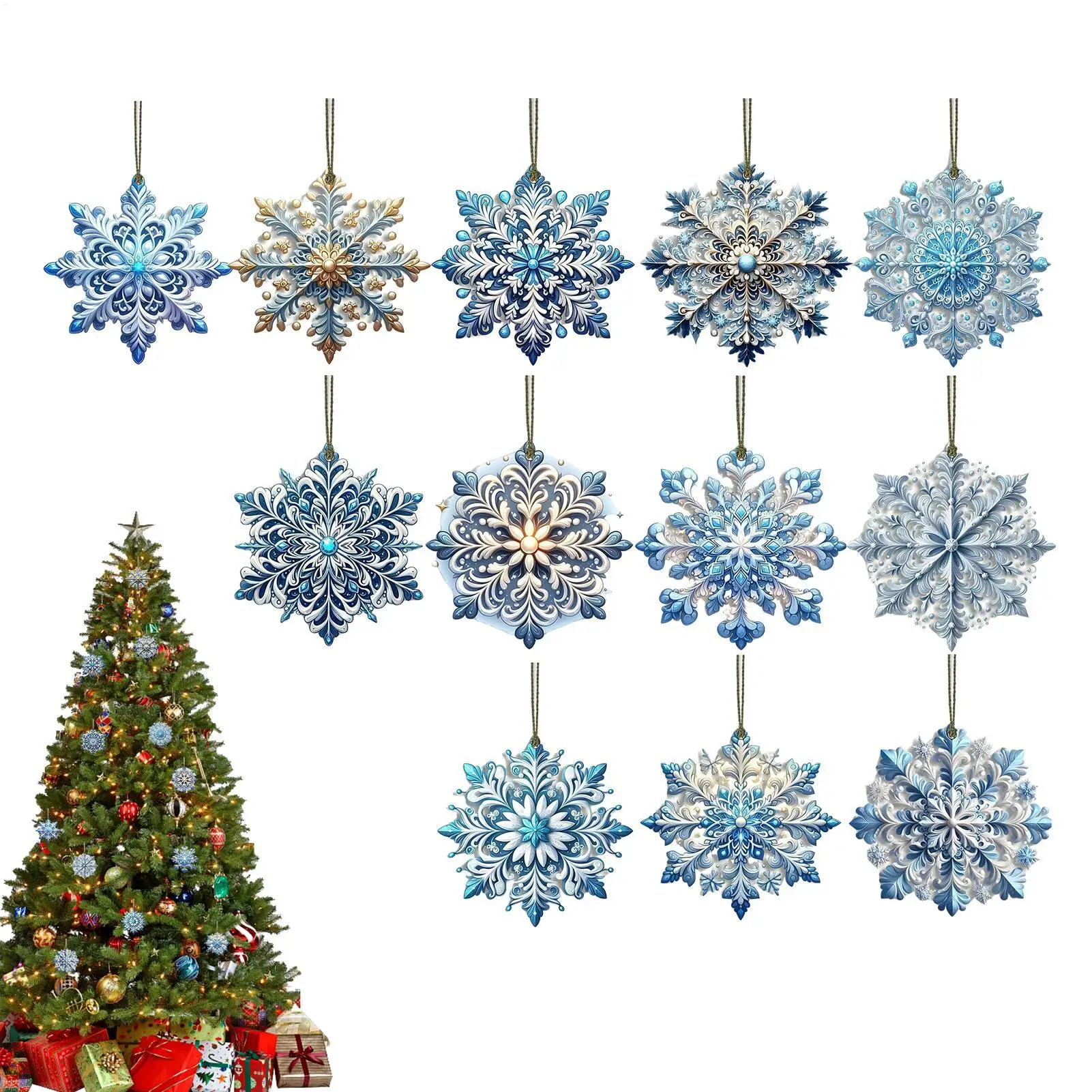 Snowflake Decor 24Pcs Blue Pendant Double-Sided 2D Christmas Snowflake Decoration with Hook for Winter Window Wall Decoration