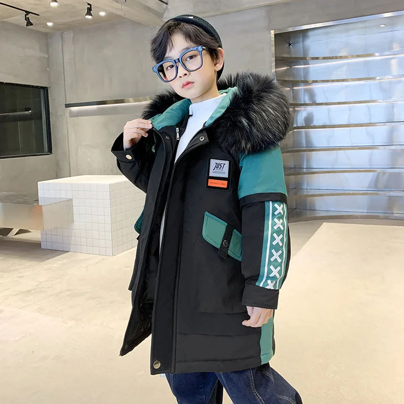 

New Fashion Detachable Parka for Boys Winter Thick Warm Hooded Coat Teenager Clothing Casual Letter Print Patchwork Top 4-12 Yrs