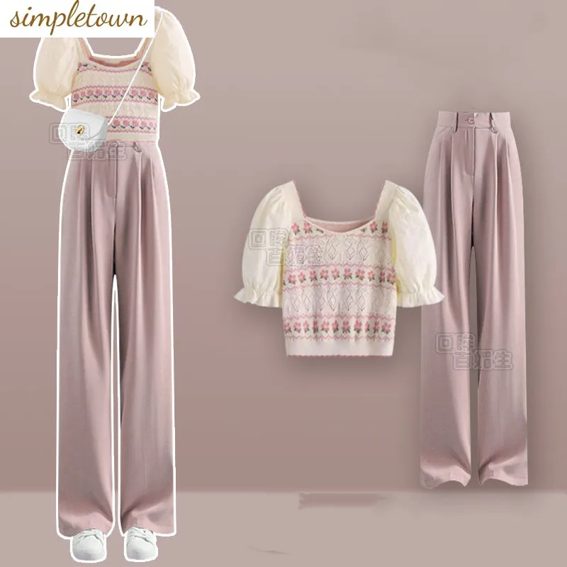 

2023 Spring/Summer New Fashion Age Reducing Set Advanced Sense Summer Wear a Full Set of Pink Suit Wide Leg Pants Two Piece Set