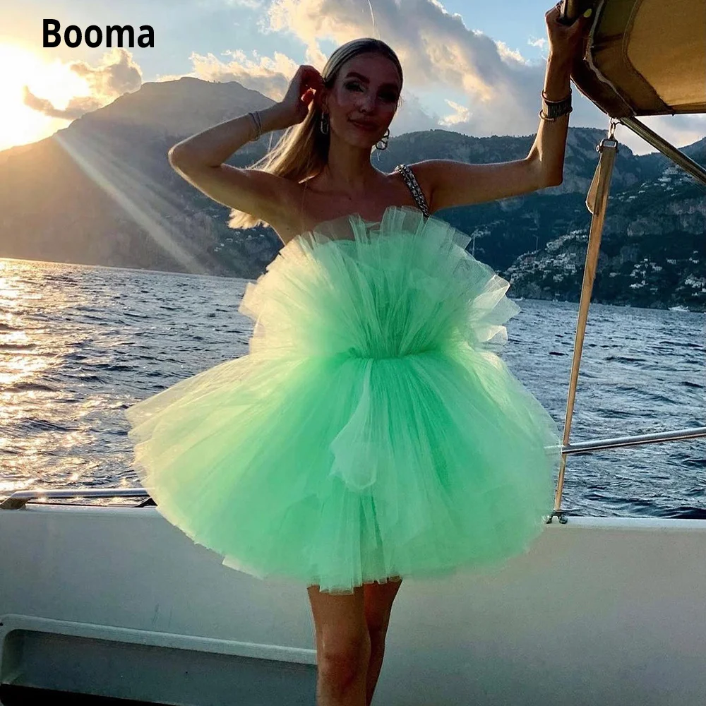 

Booma Mint Green Fluffy Tulle Mini Prom Dresses 2023 Strapless Above Knee A-Line Evening Gowns Short Formal Party Event Dresses
