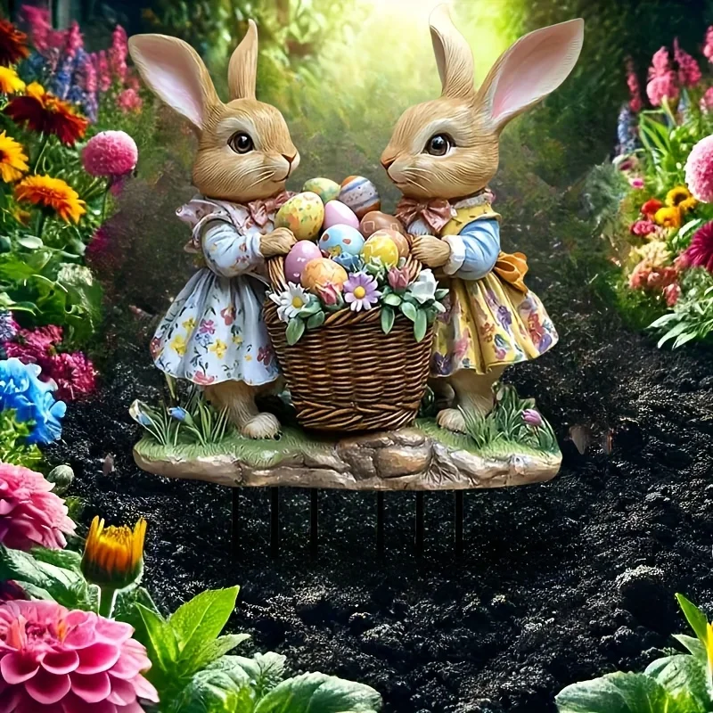 Garden Decoration 2D Easter Bunny Garden Stand Flat Printing Acrylic Bunny Statue Basket Outdoor Lawn and Garden Decoration Easter Theme