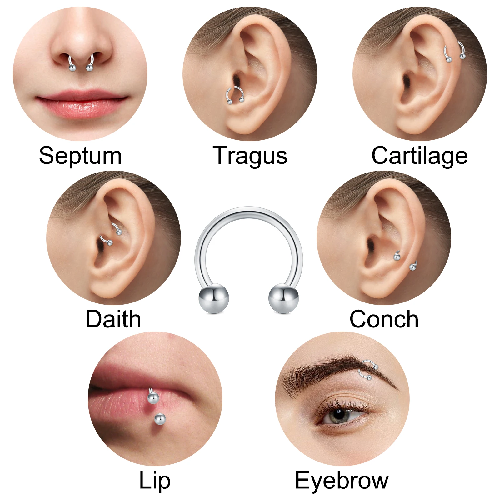 50-teiliges Körperpiercing-Set, Herz-C-förmiger L-förmiger Nasenring, Edelstahl für Nasen, Lippen, Zunge, Augenbrauen, Knorpel, Ohrstecker – Detail 2