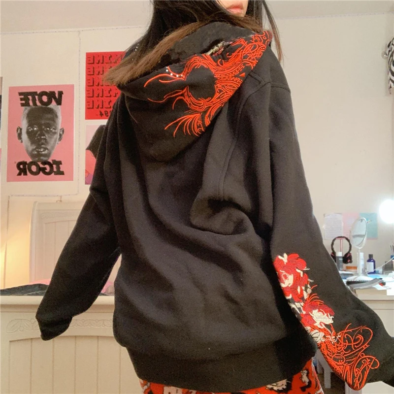 Gothic Sweatshirt Women 2000s Fairy Grunge Skull Print Long Sleeve Hooded Tops y2k Aesthetic Hoodie Oversize Clothes Streetwear images - 6