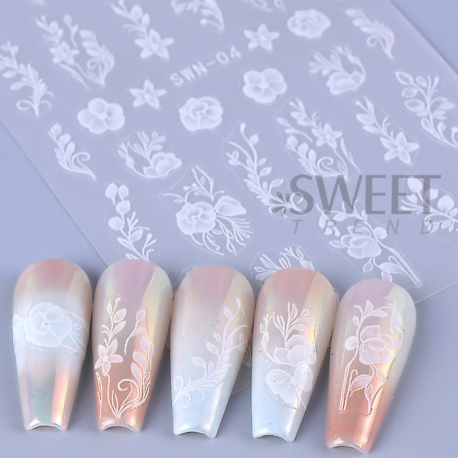 5D Embossed White Flower Nail Stickers Elegant Lace Rose Floral Petals Leaves DIY Self-Adhesive Decal Slider Manicure Decoration 5