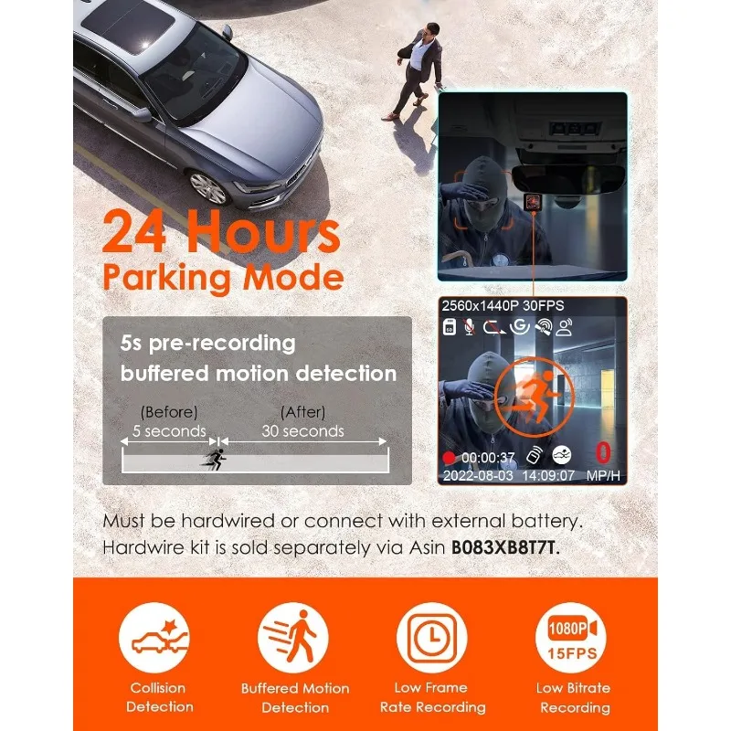 E1 Lite 1080P WiFi Mini Dash Cam with GPS and Speed, Free App, Voice Control Detachable Dash Camera, 24 Hours Parking Mode
