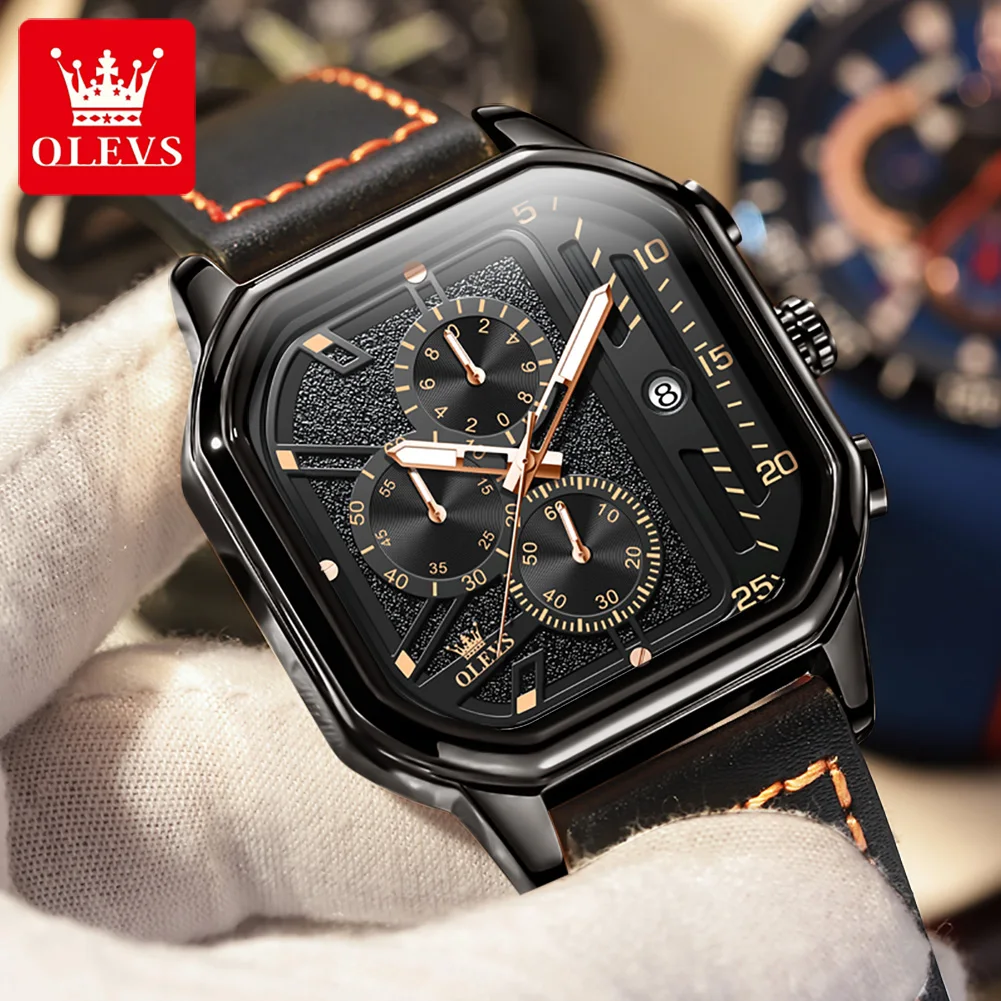 OLEVS Quartz Watch for Men New Square Men's Watches Waterproof Luminous Leather Strap Calendar Chronograph Dial Wristwatch Reloj