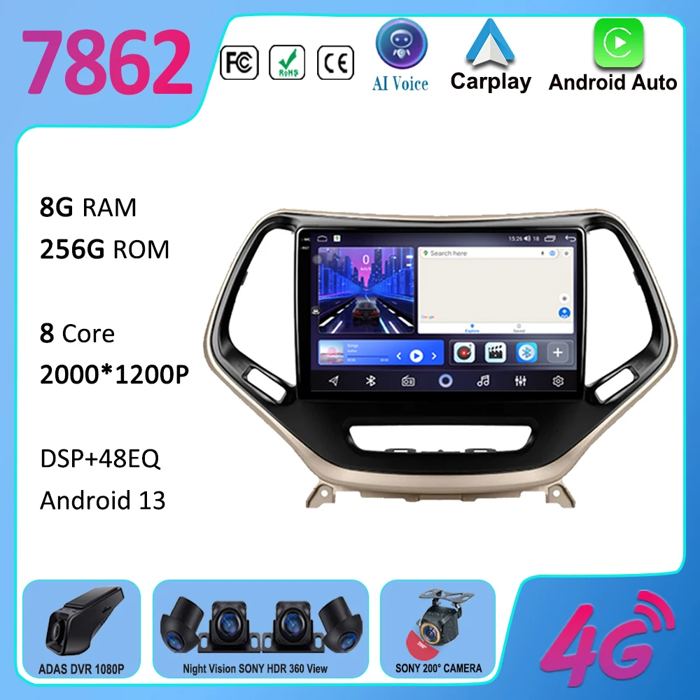 

Car Android 13 For Jeep Cherokee 5 KL 2014 - 2018 Auto Radio Multimedia Video Player Navigation GPS carplay No 2din DVD 5G Wifi