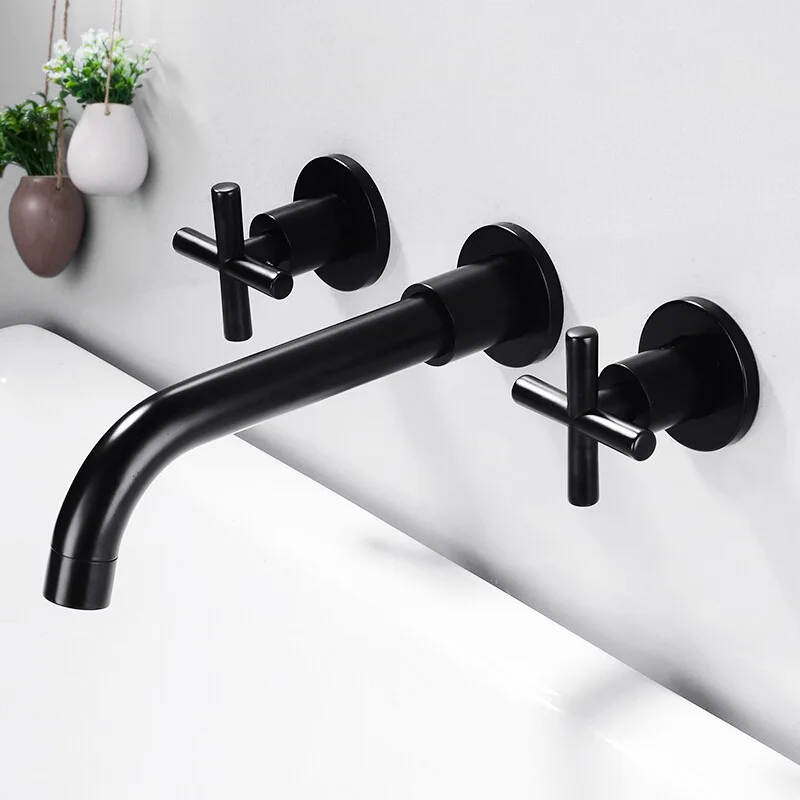 

All copper concealed wall mounted black faucet, hot and cold, gold double handle bathroom basin, washbasin, basin faucet