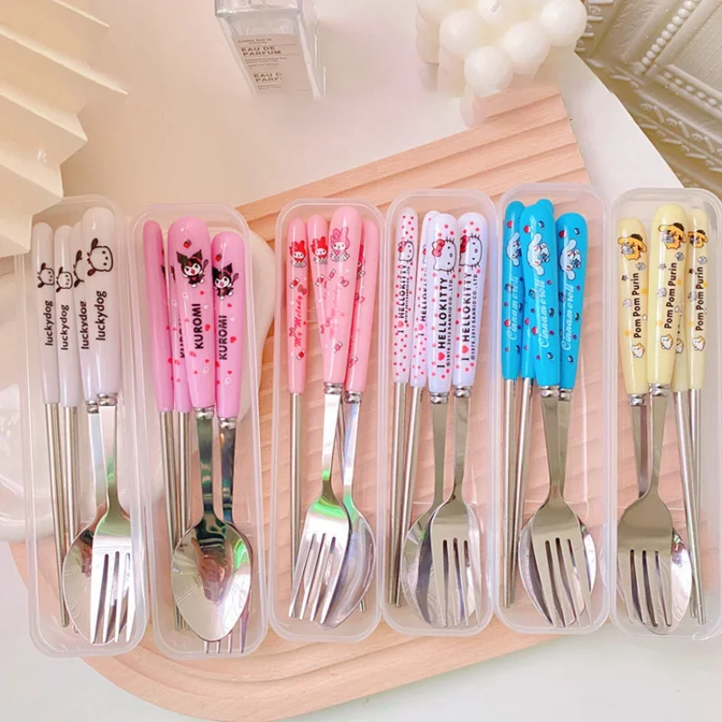 

Sanrio Cinnamoroll Kuromi Student Dinnerware Set Kitchen Tableware Anime My Melody HelloKitty Portable Cutlery Fork Spoon Gift