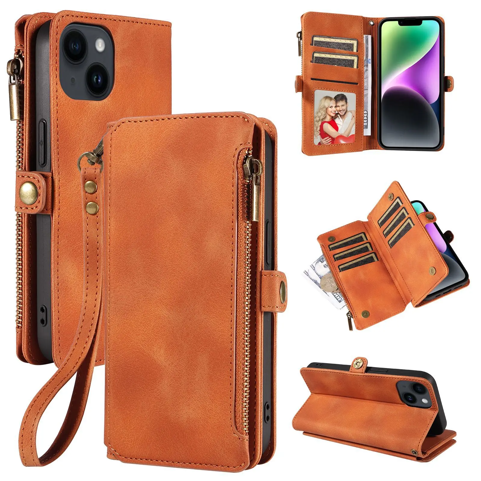 

Zipper Wallet Phone Case for iPhone 15 14 13 12 11 Pro XS Max XR 6 6S 7 8 Plus SE 2020 2022 Cards Slot Hand Strap Leather Cover
