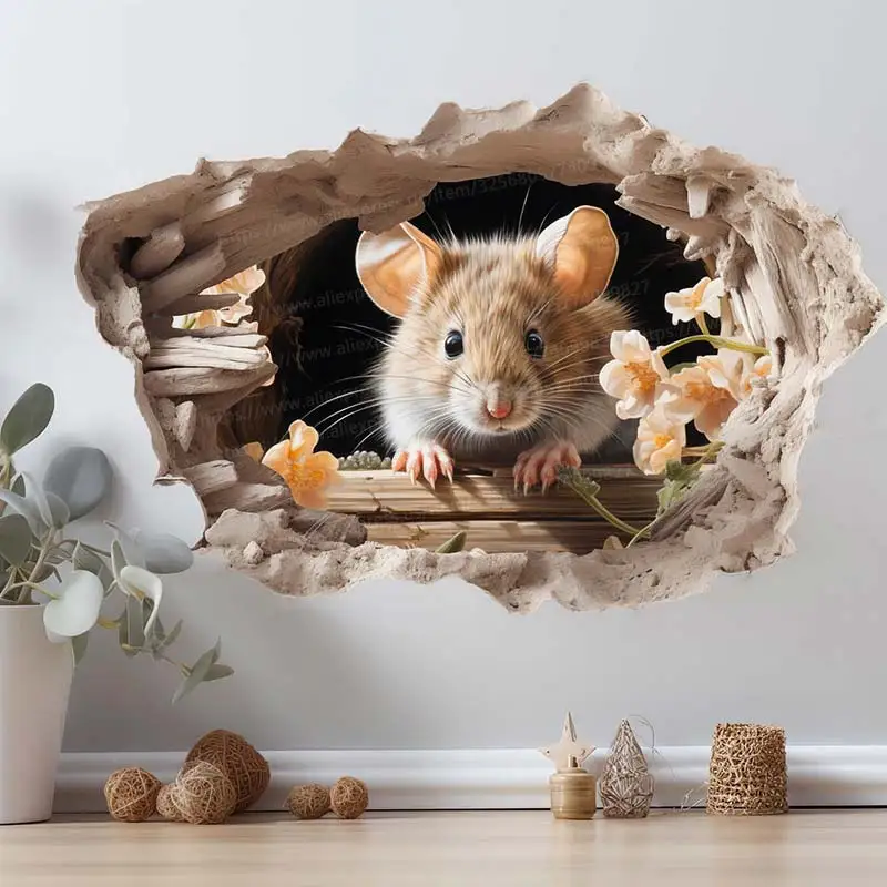Mouse hole Decal Living Room Bedroom Kitchen Wall Sticker Home Decoration Funny Vinyl Sticker Lifelike Mouse wall sticker wall stickers