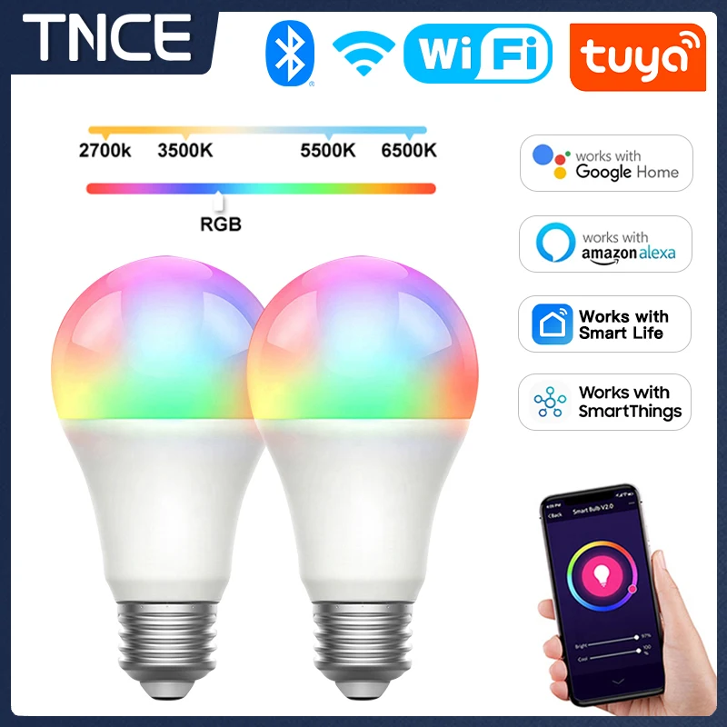  TNCE Tuya E27 Bulb WIFI Zigbee Bluetooth, Dimmable Light LED lamps 2700-6500k RGB, Smart Life APP, Voice with Alexa Google Home 
