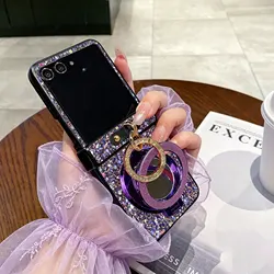 Korean Style Shiny Magnetic Mirror Phone Case with Faux Diamond Ring Buckle for Motorola Razr Ultra 2025 (Purple)
