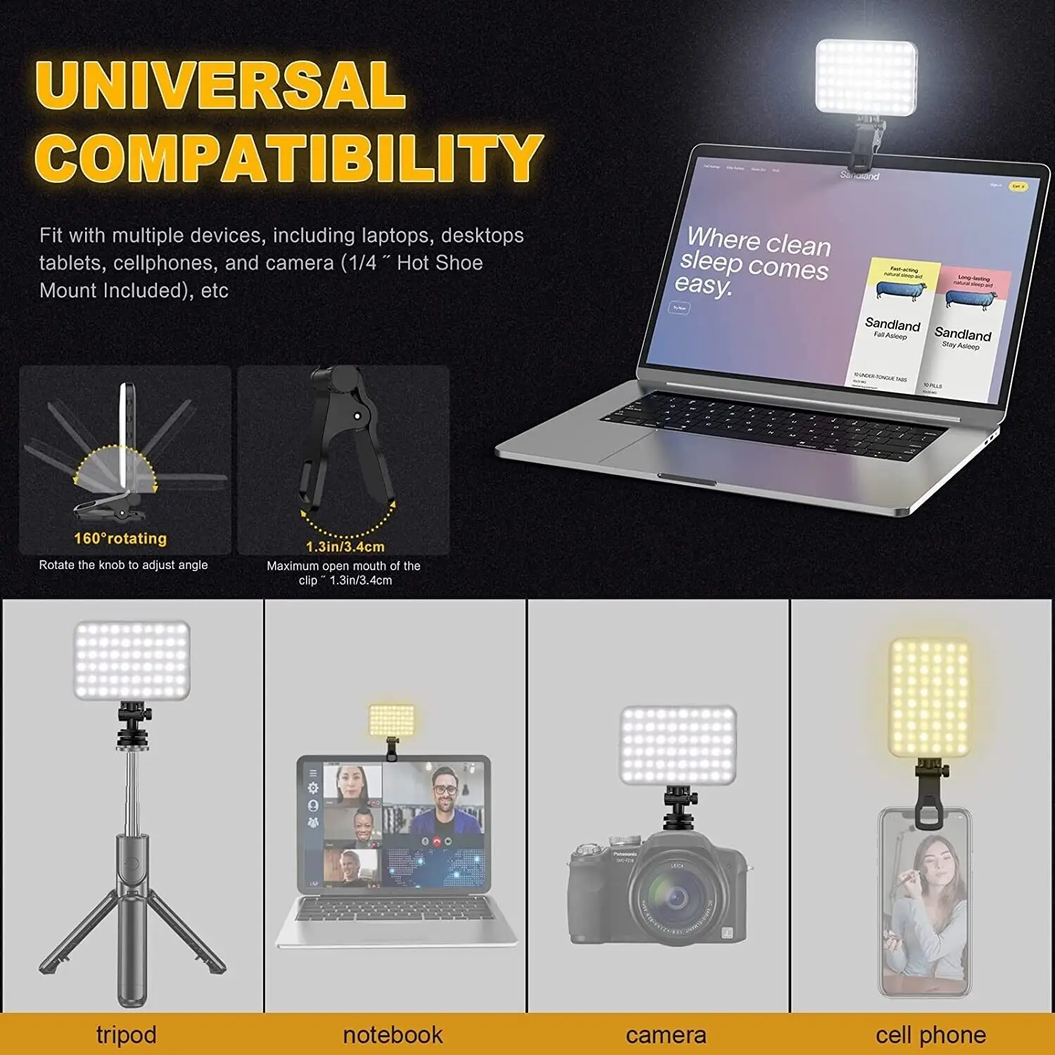 LED Fill Light 120 LED High Power Rechargeable Clip Front & Back Clip Adjusted 3 Light Modes For Phone iPad