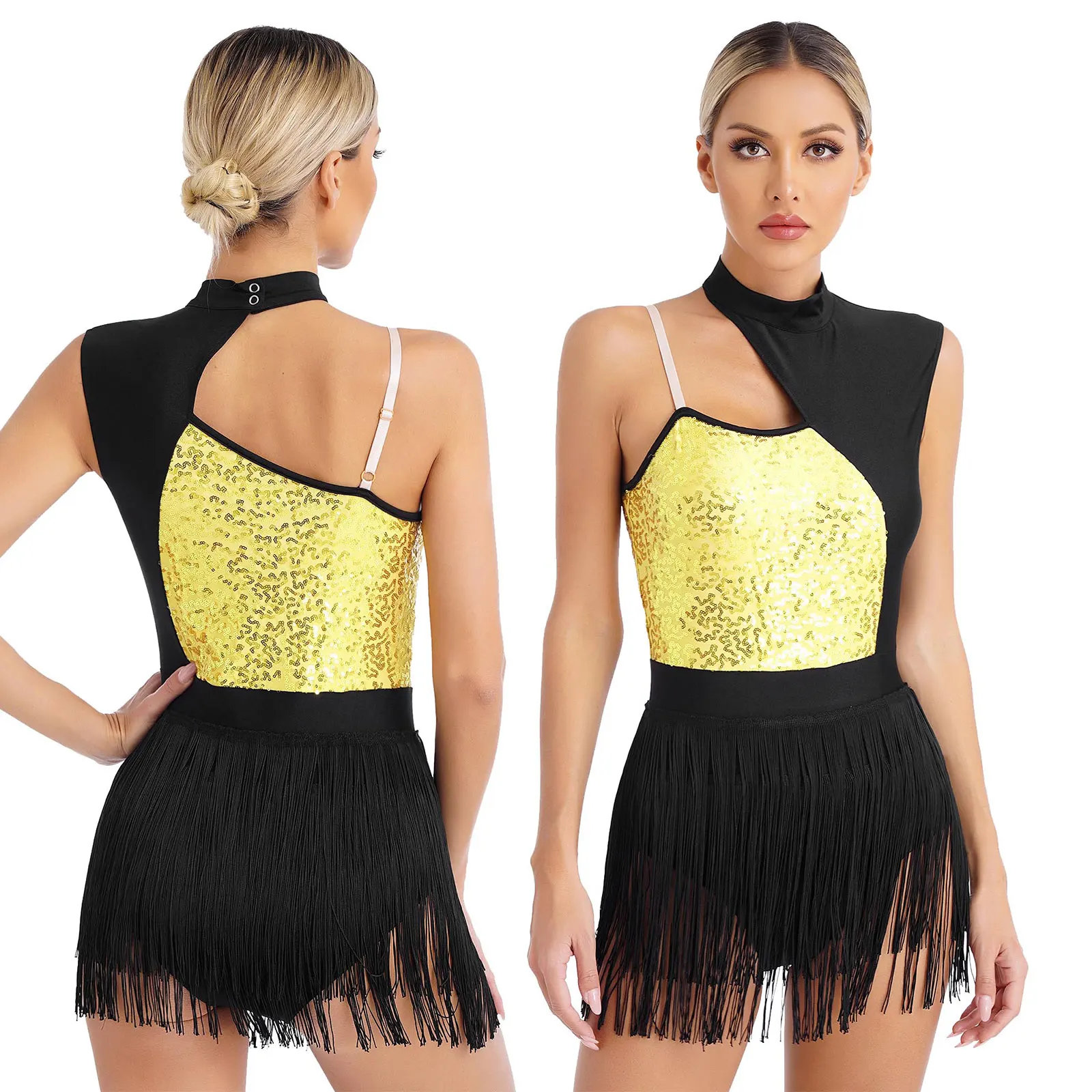 thumbnail image 1 of Body con flecos para gimnasia con lentejuelas brillantes para mujer, disfraces recortados sin mangas, traje de leotardo de baile latino Tango cha-cha, 1 of 5